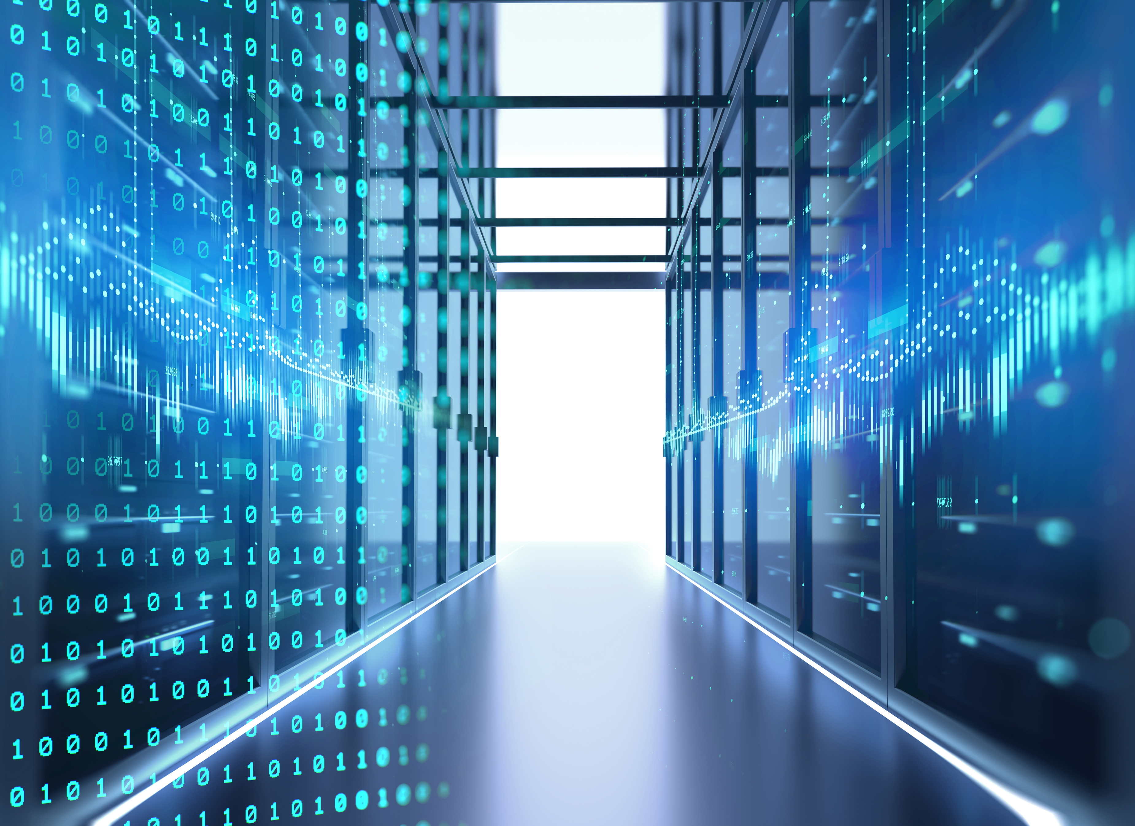 Corridor of server room 3d illustration with node base programming data design element.
